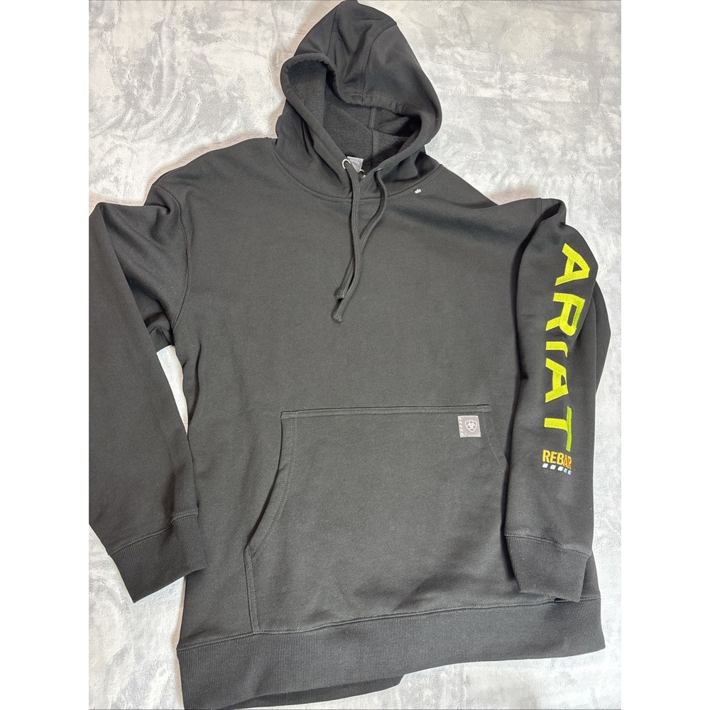 Ariat Rebar Hoodie Mens L Black Pullover Fleece Drawstring Workwear Hi Vis